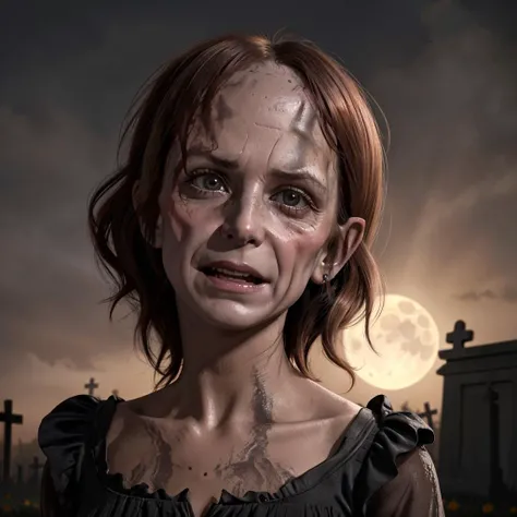 z3lda, (extreme closeup:1.3), standing in a cemetery at night, (angry:1.3) , looking at viewer, dark scene, moonlight