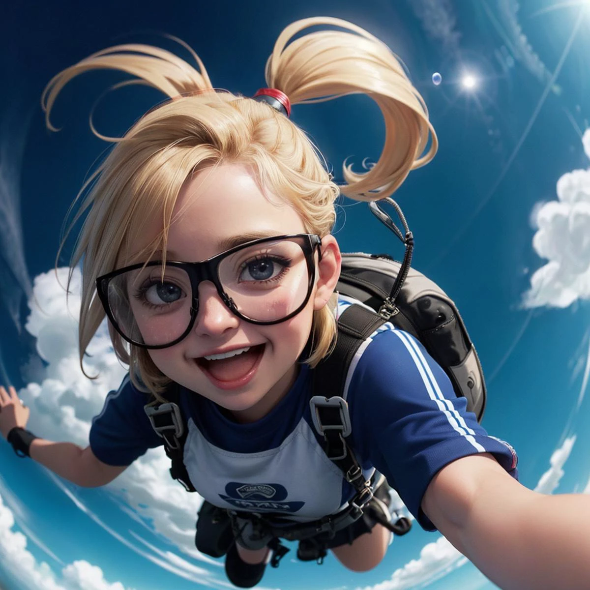POV, close shot, (view from below:1.3), portrait, a skydiving girl, parachute bag, hold the camera, aviator cap, scruffy clothes, glasses, ponytail, blond hair, socks, skirt, black shoes, happy face, blue sky, clouds, energetic, blur, masterpiece, high details <lora:fisheye_slider_v10:3>