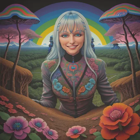 <lora:psychedelic-landscape:0.85> psychedelic landscape, (an Estonian woman smiling:1.5)