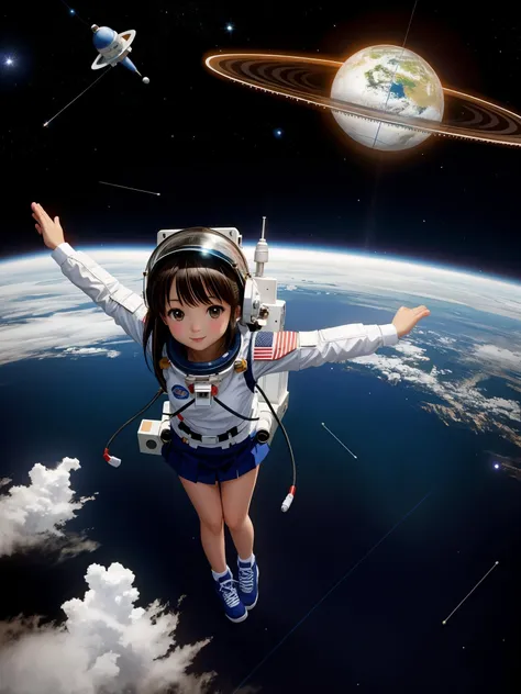 cute girl fly in outer space