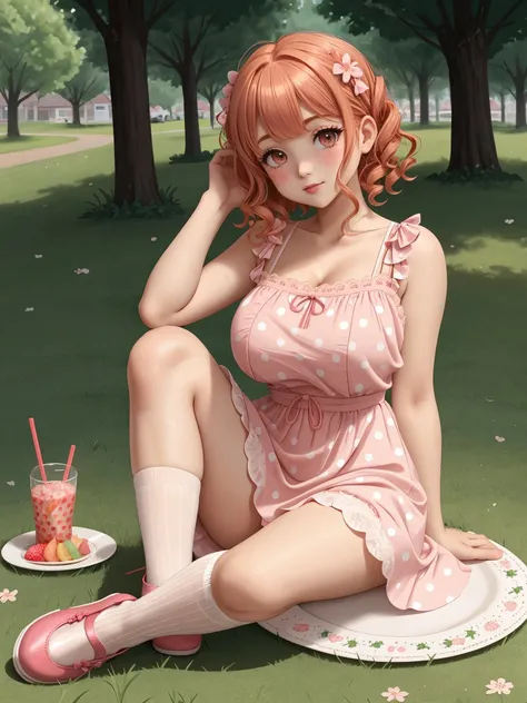 cute red-blond gradient [weavy:curly] hair side bangs freckless short (busty:1.3) ite girl, solo, (huge sagging breasts), slutty makeup, one piece pink polka dot white floral midi dress with lace inserts, lace nylon under knee socks, pumps shoes, had a picnic on the grass in a town park, sushi and fruit plates, glass of juice