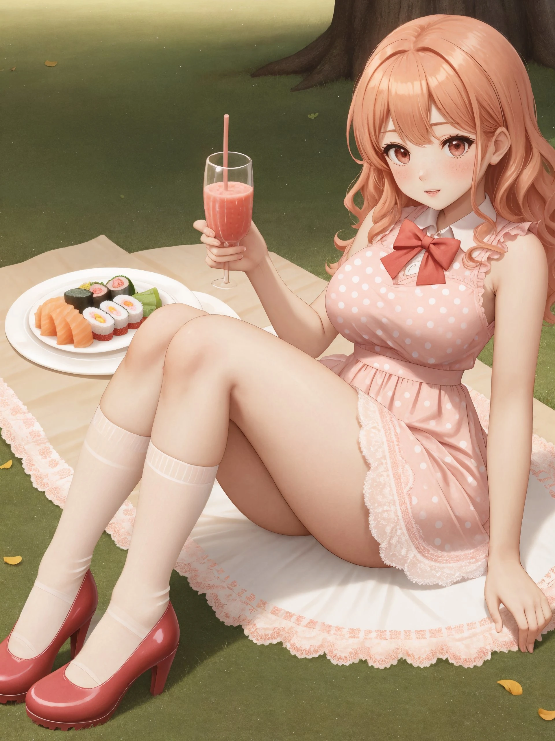 cute red-blond gradient [weavy:curly] hair side bangs freckless short (busty:1.3) ite girl, solo, (huge sagging breasts), slutty makeup, one piece pink polka dot white floral midi dress with lace inserts, lace nylon under knee socks, pumps shoes, had a picnic on the grass in a town park, sushi and fruit plates on picnic mat, (glass of juice) <lora:ReaLora:0.9>