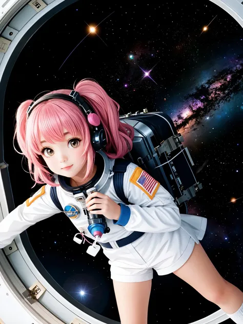 cute girl fly in outer space