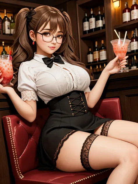 cute [[curvy]] busty girl, light brown twin tails weavy hair, evening makeup, earrings, glasses, drinking fruit cocktail, lace dress, lace stockings, pumps shoes, sit in bar chair in fantasy medieval bar