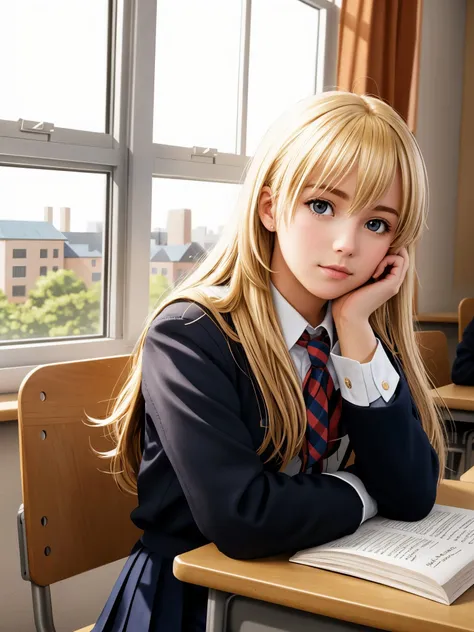 european high schoolgirl sitting at a school desk by the window, blond weavy hair, photo raw, hyperrealistic, hyperdetailed