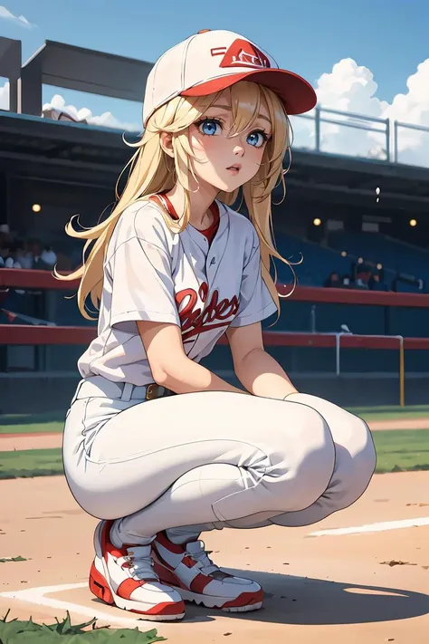 (masterpiece, best quality), 1girl,   <lora:Maxine_MightyMax_Leaf2-10:0.8> 1girl, mighty max, blonde hair, long hair, red hat, white shirt, blue eyes,  short sleeves shirt,  baseball cap, blue pants, white shoes,