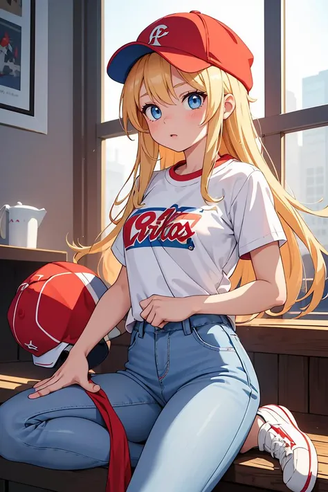 (masterpiece, best quality), 1girl,   <lora:Maxine_MightyMax_Leaf2-10:0.8> 1girl, mighty max, blonde hair, long hair, red hat, white shirt, blue eyes,  short sleeves shirt,  baseball cap, blue pants, white shoes,