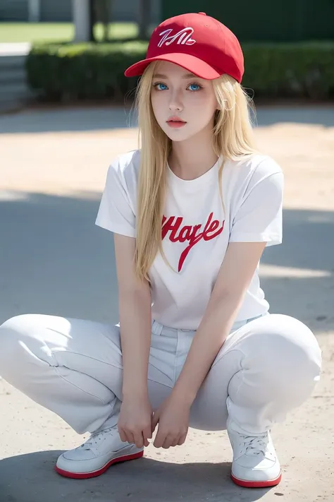 (masterpiece, best quality), 1girl,   <lora:Maxine_MightyMax_Leaf2-10:0.8> 1girl, mighty max, blonde hair, long hair, red hat, white shirt, blue eyes,  short sleeves shirt,  baseball cap, blue pants, white shoes,