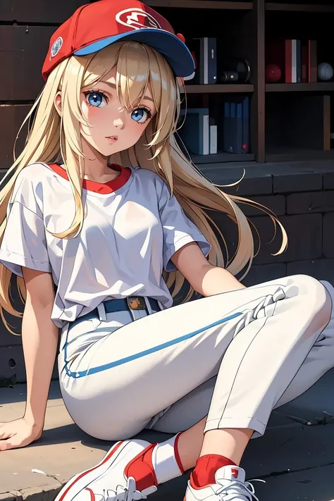 (masterpiece, best quality), 1girl,   <lora:Maxine_MightyMax_Leaf2-10:0.8> 1girl, mighty max, blonde hair, long hair, red hat, white shirt, blue eyes,  short sleeves shirt,  baseball cap, blue pants, white shoes,