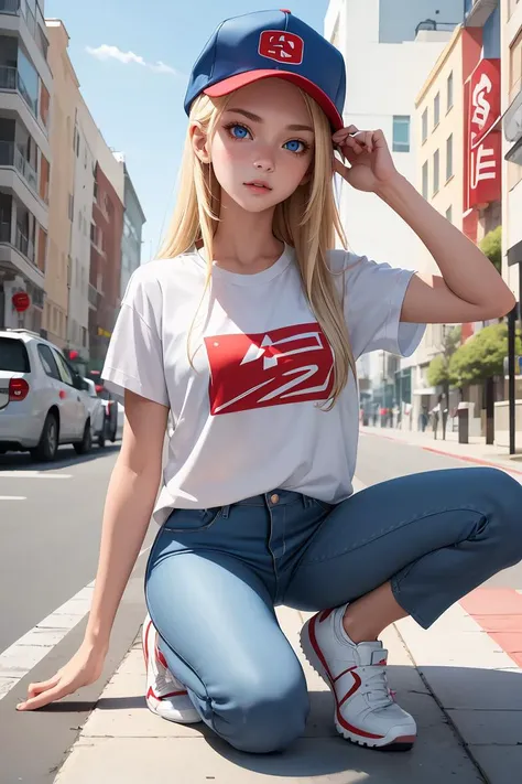 (masterpiece, best quality), 1girl,   <lora:Maxine_MightyMax_Leaf2-10:0.8> 1girl, mighty max, blonde hair, long hair, red hat, white shirt, blue eyes,  short sleeves shirt,  baseball cap, blue pants, white shoes,