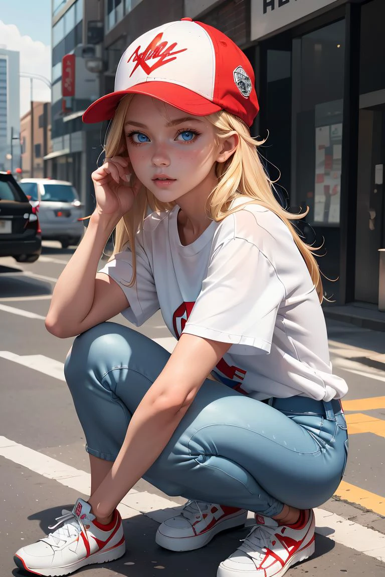 (masterpiece, best quality), 1girl, <lora:Maxine_MightyMax_Leaf2-10:0.8> 1girl, mighty max, blonde hair, long hair, red hat, white shirt, blue eyes, short sleeves shirt, baseball cap, blue pants, white shoes,