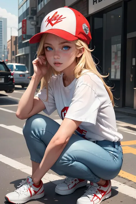 (masterpiece, best quality), 1girl,   <lora:Maxine_MightyMax_Leaf2-10:0.8> 1girl, mighty max, blonde hair, long hair, red hat, white shirt, blue eyes,  short sleeves shirt,  baseball cap, blue pants, white shoes,