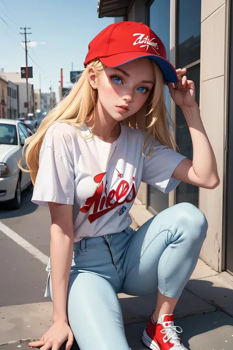 (masterpiece, best quality), 1girl,   <lora:Maxine_MightyMax_Leaf2-10:0.8> 1girl, mighty max, blonde hair, long hair, red hat, white shirt, blue eyes,  short sleeves shirt,  baseball cap, blue pants, white shoes,