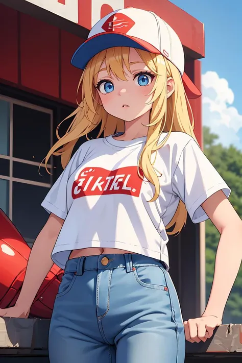 (masterpiece, best quality), 1girl,   <lora:Maxine_MightyMax_Leaf2-10:0.8> 1girl, mighty max, blonde hair, long hair, red hat, white shirt, blue eyes,  short sleeves shirt,  baseball cap, blue pants, white shoes,