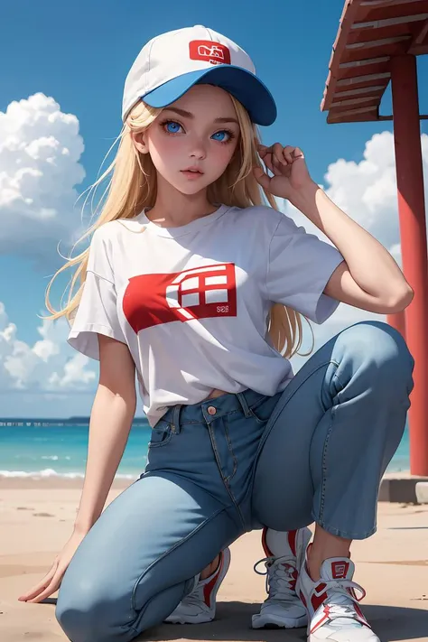 (masterpiece, best quality), 1girl,   <lora:Maxine_MightyMax_Leaf2-10:0.8> 1girl, mighty max, blonde hair, long hair, red hat, white shirt, blue eyes,  short sleeves shirt,  baseball cap, blue pants, white shoes,