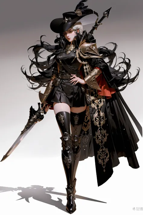 monochrome,
1boy, armored boots, bird, black cape, black dress, black footwear, black headwear, black thighhighs, blonde hair, boots, breasts, cannon, cape, clothing cutout, cross, dress, fire, floating hair, full body, fur-trimmed cape, fur trim, hair between eyes, hand on own hip, hat, high heel boots, high heels, holding, holding weapon, large breasts, long hair, machinery, navel, peaked cap, red cape, rigging, sidelocks, solo, standing, sword, thigh boots, thighhighs, thighs, turret, underwear, very long hair, weapon,
 <lora:pilyeon-04:1>