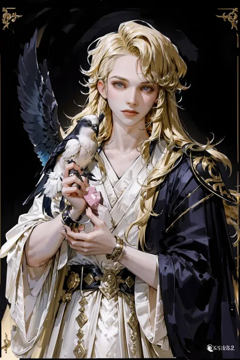 1boy, solo, long hair, blue eyes, blonde hair, jewelry, closed mouth, upper body, bracelet, lips, bird, animal, wavy hair, black background, robe, animal on shoulder, white robe, looking at animal, bird on shoulder
<lora:pilyeon-04:1>