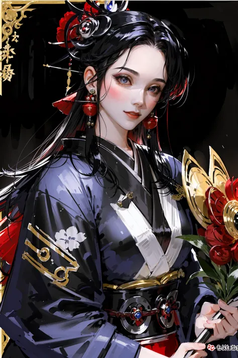 1girl, solo, looking at viewer, smile, blue eyes, black hair, hair ornament, upper body, japanese clothes, kimono, from side, lips, makeup, tassel, rope, eyeshadow, red kimono, shimenawa, kanzashi,
 <lora:pilyeon-04:1>