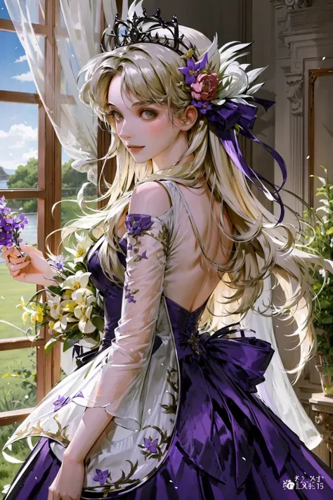 1girl, solo, long hair, looking at viewer, smile, hair ornament, dress, holding, bare shoulders, green eyes, standing, flower, sky, day, looking back, cloud, indoors, hair flower, window, mask, cover, curtains, cover page, purple dress, purple flower, korean text, mask removed, holding mask, novel cover,
<lora:pilyeon-04:1>