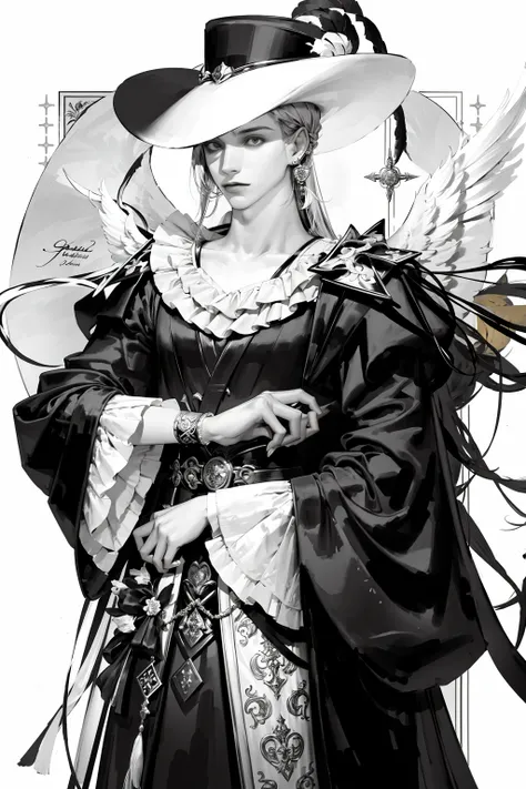 MONOCHROME,
solo, long hair, looking at viewer, long sleeves, 1boy, hat, white background, holding, jewelry, closed mouth, monochrome, weapon, flower, greyscale, male focus, earrings, wings, holding weapon, wavy hair, cross, feathers, frilled sleeves, feathered wings, angel wings, angel, hat flower, over shoulder, hat feather, weapon over shoulder,
<lora:pilyeon-04:1>