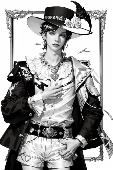 solo, short hair, simple background, shirt, long sleeves, 1boy, hat, white background, holding, jewelry, standing, jacket, monochrome, flower, greyscale, male focus, cowboy shot, earrings, frills, parted lips, shorts, belt, hand up, floral print, frilled sleeves,
<lora:pilyeon-04:1>