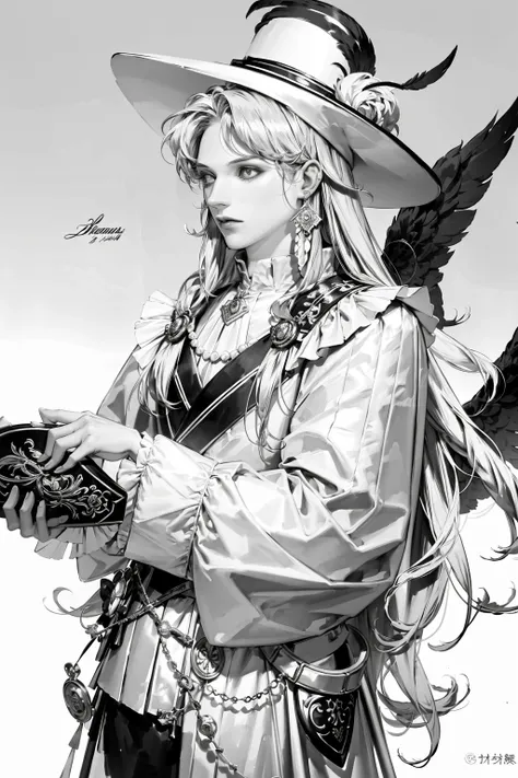 MONOCHROME, qqbaby,
solo, long hair, looking at viewer, long sleeves, 1boy, hat, white background, holding, jewelry, closed mouth, monochrome, weapon, flower, greyscale, male focus, earrings, wings, holding weapon, wavy hair, cross, feathers, frilled sleeves, feathered wings, angel wings, angel, hat flower, over shoulder, hat feather, weapon over shoulder,
<lora:pilyeon-04:1> <lora:QQbaby_v1:1>