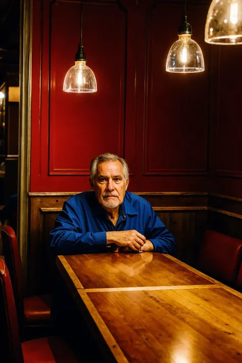 (masterpiece, best quality, high resolution:1.2),
HDR, shot on Canon 5D Mark II, depth of field, intricate details,
a portrait of an old man, sitting alone at a table in a restaurant, dim neon lighting <lora:ZH_ShotByElsaBleda_v1:0.8>, zh_shot_by_elsa_bleda, realistic, indoors, dark