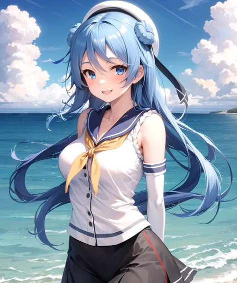 (masterpiece:1.2), best quality, 1girl, (urakaze_\(kancolle\):1.2),
upper body, sailor_shirt, serafuku, black sailor collar, (sleeves_rolled_up:1.1), black skirt,
large breasts,  smile, arms behind back,
double bun, blue hair, blue eyes, bangs, yellow neckerchief, white hat, elbow gloves, blue ribbon,
solo, (ocean, blue sky:1.1), cumulonimbus
<lora:rolled-10:0.8>