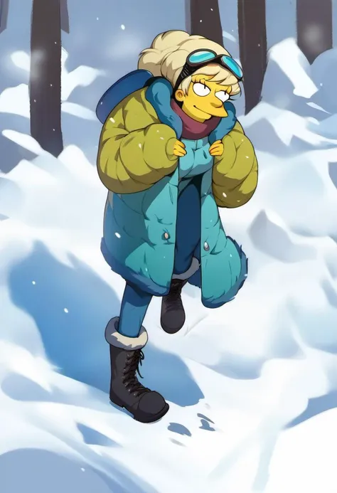 source_cartoon, rating_safe, girl, <lora:simpson_xl_pony:1> simpson style, solo, blonde woman, ski goggles, winter coat, fur lined boots, medium breasts, snow, winter, score_9, score_8_up, score_7_up, score_6_up, score_5_up, score_4_up