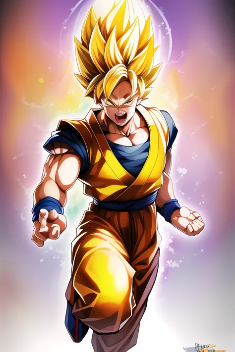 son_goku, super_saiyan, yellow_hair, yellow_eyes, aura, fighting stance, (masterpiece),shouting,high contrast, pastel colors, watercolor \(medium\), (illustration:1.2), 1 man,full body, (muscular:1.3),(Budo uniform:1.2), solo, (detailed background:1.4), hyper detailed, highly detailed, beautiful, small details, ultra detailed, best quality, intricate, sharp, digital illustration, detailed, intricate, 4k, 8k, good anatomy, beautiful lighting, award-winning, highres, (extremely detailed CG, unity, 8k wallpaper:1.1), highly detailed face, zoomout, colorful, vibrant colors, <lora:sonGokuDragonBallZSuper_v10:0.5>,