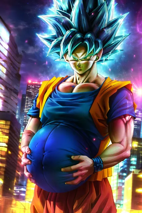 masterpiece, 1boy, blue_hair super_saiyan son goku wearing techwear, aura, upper body, city background, depth of field, intricate details, highly detailed, best quality, masterpiece <lora:char.sonGokuDragonBallZSuper_v10:.85> <lora:style.sakimiChanLora_v10:.65> skistyle <lora:dont.hyperpregnant_hyperpreg:1> pregnant, multiplepregnant, hyperpregnant