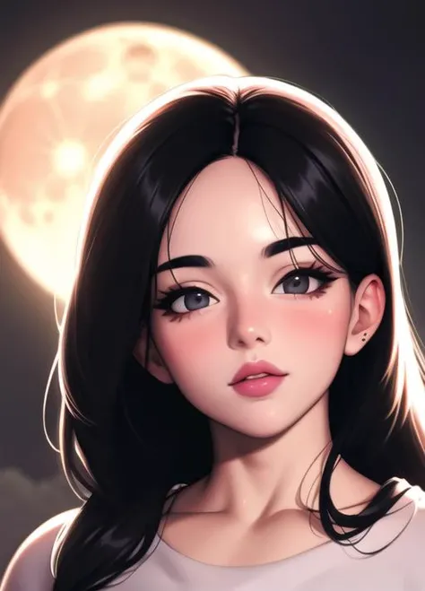 1girl, portrait, woman (milf), thick black eyebrows, large natural breasts, very long black hair, bangs, (cute symmetrical face), front view, curvy, close-up image, face centered, looking at viewer, pastel colors, night, moonlight, Super Saiyan <lora:sonGokuDragonBallZSuper_v10:0.5>, film grain, ((masterpiece)), (best quality), (detailed), (soft shadows + skin texture)