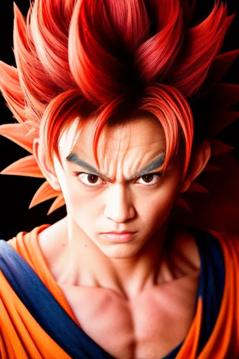 best quality, masterpiece, (realistic:1.2), son_goku, super_saiyan_red, action moving, fighting, half body, low wide angle, red_hair, red_eyebrow, red_eyes, face, red_aura background, portrait, <lora:son_goku:0.6> dragon ball