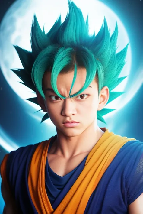 best quality, masterpiece, (realistic:1.2), son_goku, super_saiyan_red, red_hair, red_eyes, angry+face, blue_aura background, portrait, <lora:son_goku:0.6> kamekame ball