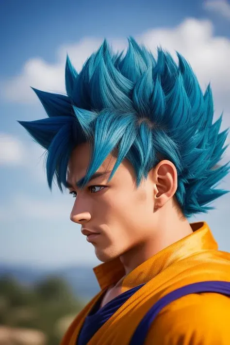 best quality, masterpiece, (realistic:1.2), son_goku, super_saiyan_blue, blue_hair, blue_eyes, blue_aura, portrait, ((side_view)) <lora:son_goku:0.6>