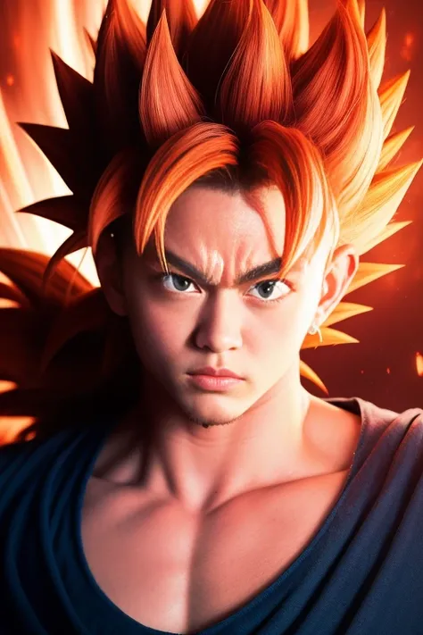 best quality, masterpiece, (realistic:1.2), son_goku, super_saiyan_red, action moving, fighting, red_hair, red_eyebrow, red_eyes, face, red_aura background, portrait, <lora:son_goku:0.6> dragon ball