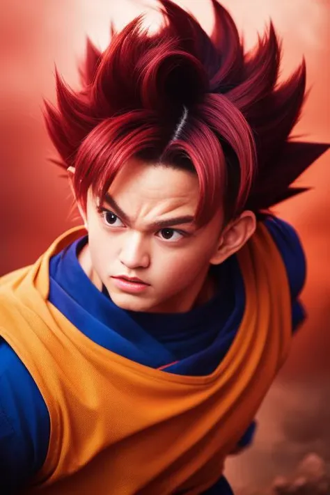 best quality, masterpiece, (realistic:1.2), son_goku, super_saiyan_red, action moving, fighting, half body, low wide angle, red_hair, red_eyebrow, red_eyes, face, red_aura background, portrait, <lora:son_goku:0.6> dragon ball