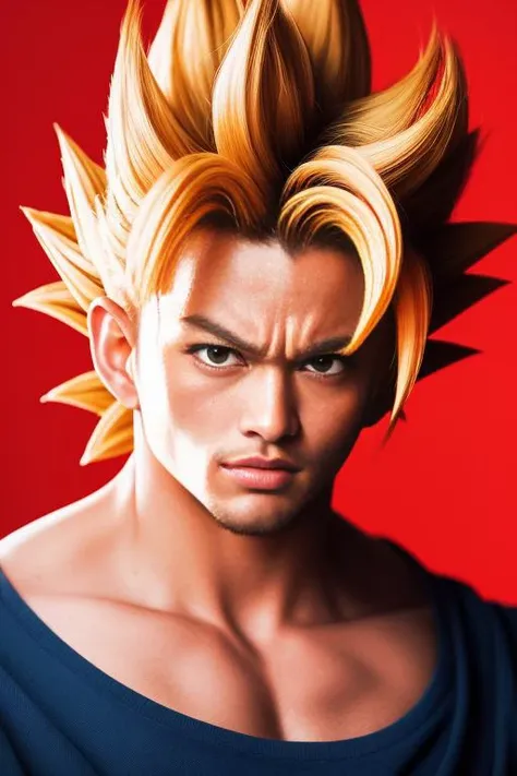 best quality, masterpiece, (realistic:1.2), son_goku, super_saiyan_red, action moving, fighting, red_hair, red_eyebrow, red_eyes, face, red_aura background, portrait, <lora:son_goku:0.6> dragon ball