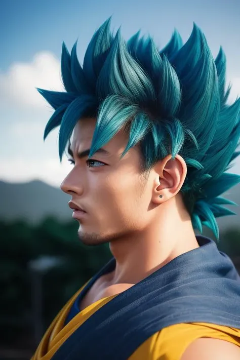 best quality, masterpiece, (realistic:1.2), son_goku, super_saiyan_blue, blue_hair, blue_eyes, blue_aura, portrait, ((side_view)) <lora:son_goku:0.6>