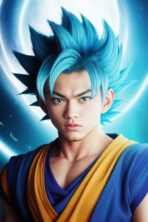 best quality, masterpiece, (realistic:1.2), son_goku, super_saiyan_blue, blue_hair, blue_eyes, blue_aura background, portrait, <lora:son_goku:0.6> kamekame ball