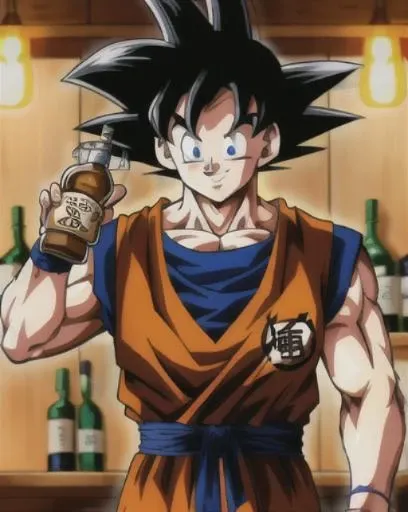 master, chief son goku, <lora:son_goku:0.80>, ultra detail, ((perfect face)), perfect_eyes, perfect hand ((drink a bottle of whiskey)), smile,,(absurdres), best quality, 8k, high quality, night, kitchen,