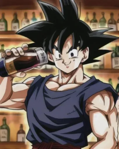 master, chief son goku, <lora:son_goku:0.80>, ultra detail, ((perfect face)), perfect_eyes, perfect hand ((drink a bottle of whiskey)), smile,,(absurdres), best quality, 8k, high quality, night, kitchen,
