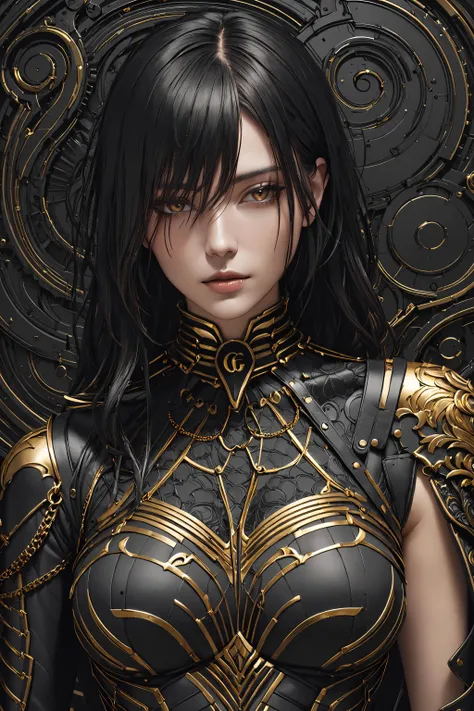 masterpiece, amazing quality, best quality, high resolution, 4K, 8K, UHD, beautiful and aesthetic, tonalism, (black and gold theme:1.1), 
1girl, solo, armor dress, designed by Luca Zampriolo and Gucci Westman,  
close up her face, 
ultra detailed, extremely detailed, intricate details,  colorful minimalism, sharp image quality, crisp detail, crisp edges, fine texture, detailed rendering, hyper-realistic illustrations, majestic composition,  textured mechanics illustrations, staining, high contrast, abstract mechanics, 
tnstyle, <lora:Tsutomu_Nihei_OaN_Style:0.5>,