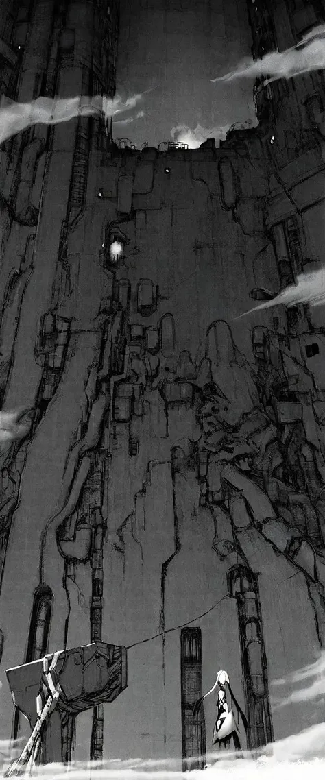 TNstyle, manga, monochrome, (megastructure), from below, concrete walls, pipes, frames, cables, deep, chaotic, dome, giant room, huge, heavy equipment, deep, fog, giant room, weird, colossal structure, labyrinthine dungeon, deep darkness, shadows, mecha, bulldozer, (doll:1.1), Toa Heavy Industries, thousands of years later, melancholy atmosphere, dreamlike,
Depth of Field, sharp focus, Depth and Perspective, bokeh, film grain, taken by Helmut Newton,
beautiful, aesthetic, extremely detailed, beautiful color, amazing quality, best quality, high quality, masterpiece,  <lora:Tsutomu_Nihei_OaN_Style:1>,