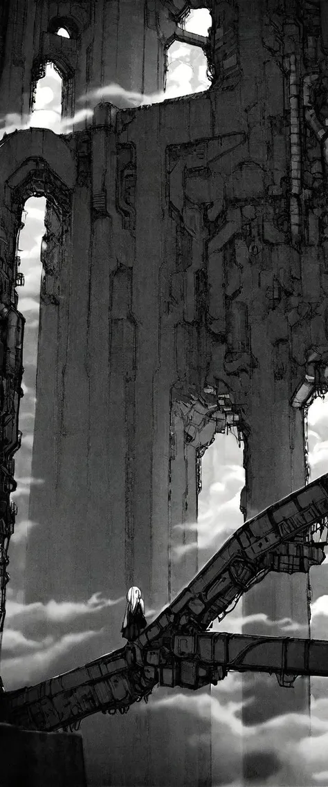 TNstyle, manga, monochrome, (megastructure), from below, concrete walls, pipes, frames, cables, deep, chaotic, dome, giant room, huge, heavy equipment, deep, fog, giant room, weird, colossal structure, labyrinthine dungeon, deep darkness, shadows, mecha, bulldozer, (doll:1.1), Toa Heavy Industries, thousands of years later, melancholy atmosphere, dreamlike,
Depth of Field, sharp focus, Depth and Perspective, bokeh, film grain, taken by Alfred Stieglitz,
beautiful, aesthetic, extremely detailed, beautiful color, amazing quality, best quality, high quality, masterpiece,  <lora:Tsutomu_Nihei_OaN_Style:1>,