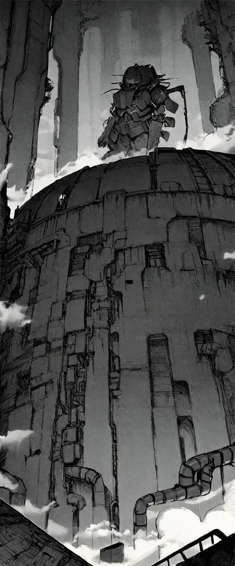 TNstyle, manga, monochrome, (megastructure), from below, concrete walls, pipes, frames, cables, deep, chaotic, dome, giant room, huge, heavy equipment, deep, fog, giant room, weird, colossal structure, labyrinthine dungeon, deep darkness, shadows, mecha, bulldozer, (doll:1.1), Toa Heavy Industries, thousands of years later, melancholy atmosphere, dreamlike,
Depth of Field, sharp focus, Depth and Perspective, bokeh, film grain, taken by Irving Penn,
beautiful, aesthetic, extremely detailed, beautiful color, amazing quality, best quality, high quality, masterpiece,  <lora:Tsutomu_Nihei_OaN_Style:1>,