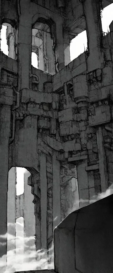 TNstyle, manga, monochrome, (megastructure), from below, concrete walls, pipes, frames, cables, deep, chaotic, dome, giant room, huge, heavy equipment, deep, fog, giant room, weird, colossal structure, labyrinthine dungeon, deep darkness, shadows, mecha, bulldozer, (doll:1.1), Toa Heavy Industries, thousands of years later, melancholy atmosphere, dreamlike,
Depth of Field, sharp focus, Depth and Perspective, bokeh, film grain, taken by August Sander,
beautiful, aesthetic, extremely detailed, beautiful color, amazing quality, best quality, high quality, masterpiece, <lora:Tsutomu_Nihei_OaN_Style:1>,