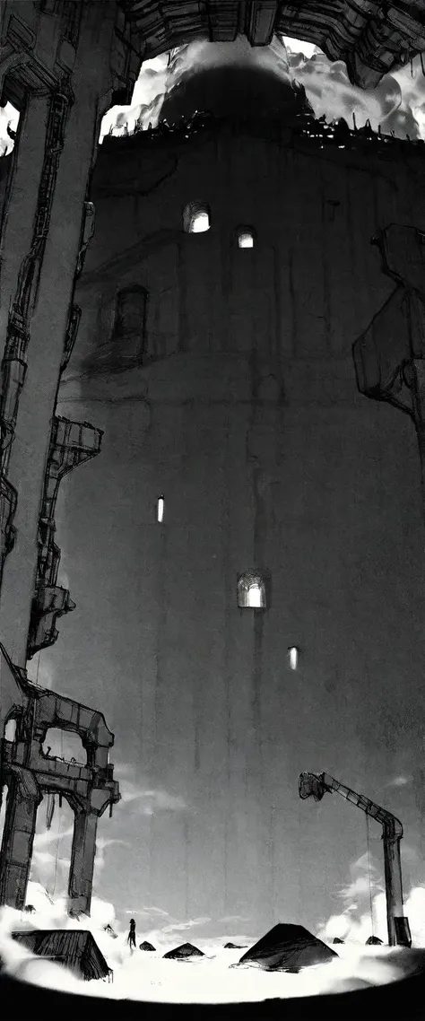 TNstyle, manga, monochrome, (megastructure), from below, concrete walls, pipes, frames, cables, deep, chaotic, dome, giant room, huge, heavy equipment, deep, fog, giant room, weird, colossal structure, labyrinthine dungeon, deep darkness, shadows, mecha, bulldozer, (doll:1.1), Toa Heavy Industries, thousands of years later, melancholy atmosphere, dreamlike,
Depth of Field, sharp focus, Depth and Perspective, bokeh, film grain, taken by Walker Evans,
beautiful, aesthetic, extremely detailed, beautiful color, amazing quality, best quality, high quality, masterpiece, <lora:Tsutomu_Nihei_OaN_Style:1>,