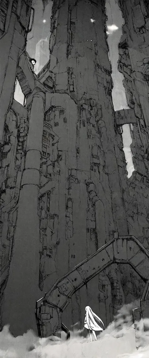 TNstyle, manga, monochrome, (megastructure), from below, concrete walls, pipes, frames, cables, deep, chaotic, dome, giant room, huge, heavy equipment, deep, fog, giant room, weird, colossal structure, labyrinthine dungeon, deep darkness, shadows, mecha, bulldozer, (doll:1.1), Toa Heavy Industries, thousands of years later, melancholy atmosphere, dreamlike,
Depth of Field, sharp focus, Depth and Perspective, bokeh, film grain, taken by Irving Penn,
beautiful, aesthetic, extremely detailed, beautiful color, amazing quality, best quality, high quality, masterpiece, <lora:Tsutomu_Nihei_OaN_Style:1>,