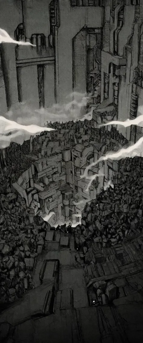 TNstyle, manga, monochrome, (megastructure), from above, concrete walls, pipes, frames, cables, deep, chaotic, dome, giant room, huge, heavy equipment, deep, fog, giant room, weird, colossal structure, labyrinthine dungeon, deep darkness, shadows, mecha, bulldozer, (doll:1.1), Toa Heavy Industries, thousands of years later, melancholy atmosphere, dreamlike,
Depth of Field, sharp focus, Depth and Perspective, bokeh, film grain, taken by Richard Avedon,
beautiful, aesthetic, extremely detailed, beautiful color, amazing quality, best quality, high quality, masterpiece, <lora:Tsutomu_Nihei_OaN_Style:1>,